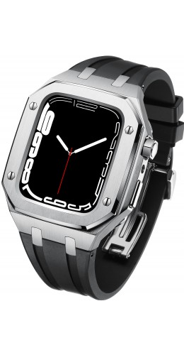 Coque Apple Watch 45 mm - Boîtier en acier 316L et bracelet en silicone - Argent / Noir