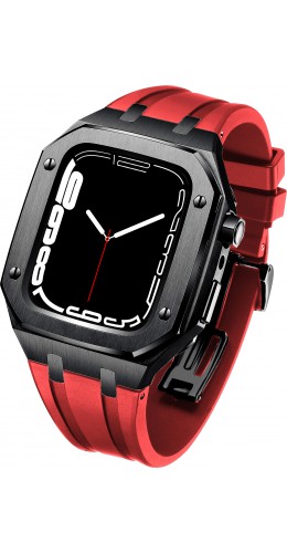 Coque Apple Watch 45 mm - Boîtier en acier 316L et bracelet en silicone - Noir / Rouge
