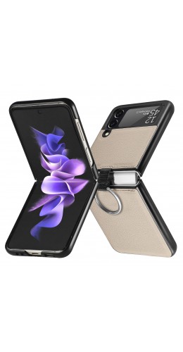 Coque Samsung Galaxy Z Flip3 5G - Fourre en cuir de luxe au look élégant avec anneau de transport - Beige