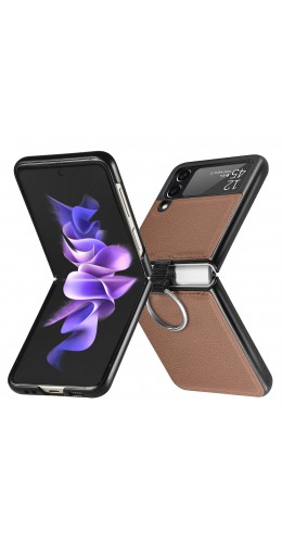 Coque Samsung Galaxy Z Flip3 5G - Fourre en cuir de luxe au look élégant avec anneau de transport - Brun