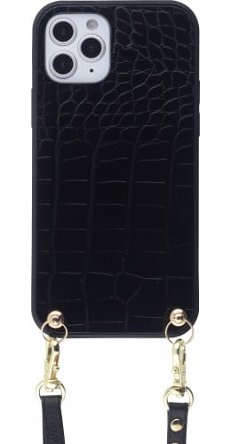 Coque iPhone 12 / 12 Pro - Croco avec lanière - Noir