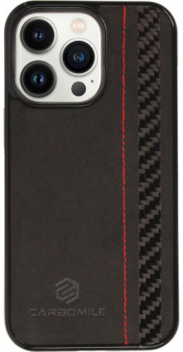 Coque iPhone 13 Pro - Carbomile alcantara et carbone avec surpiqûres rouges