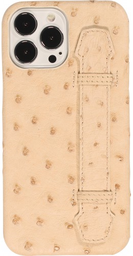 Coque iPhone 13 Pro Max - Cuir d'autruche véritable avec lanière strap de soutien - Beige