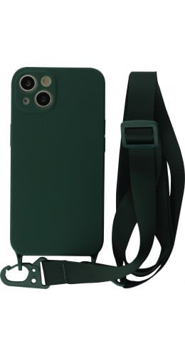Coque iPhone 13 mini - Silicone avec lanière et crochet vert foncé