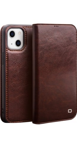 Fourre iPhone 13 - Flip Qialino cuir véritable brun