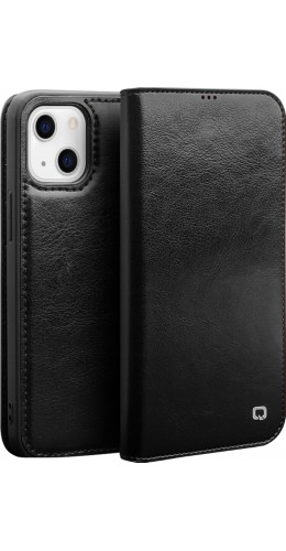 Fourre iPhone 13 - Flip Qialino cuir véritable noir
