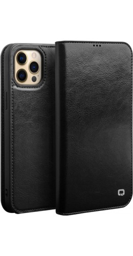Fourre iPhone 13 Pro Max - Flip Qialino cuir véritable noir