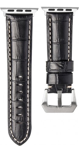 Qialino Bracelet cuir véritable croco noir - Apple Watch 42mm / 44mm / 45mm