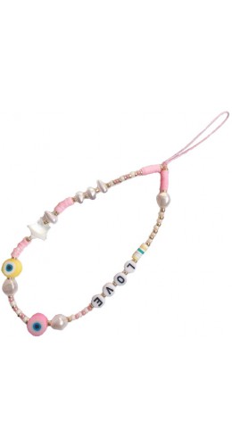 Bijou de téléphone universel / Pendentif bracelet à charms - N°43 LOVE & oeil turc - Rose