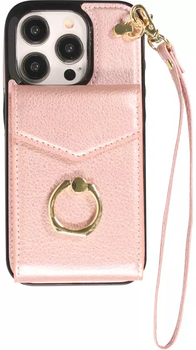 Coque iPhone 15 Pro Max - Etui élégant look cuir DeLuxe avec portefeuille + anneau de support - Rose