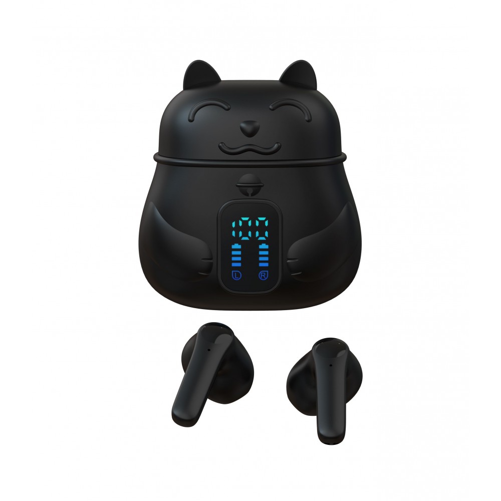 Ecouteurs sans fil chat chinois porte-bonheur Bluetooth In-ear avec mic. et LED - Blanc