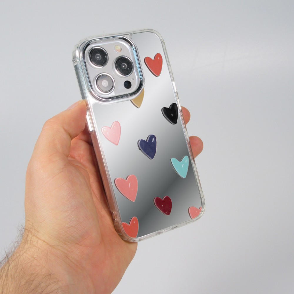 Coque iPhone 15 Pro Max - Silicone transparent Many Hearts avec effet miroir
