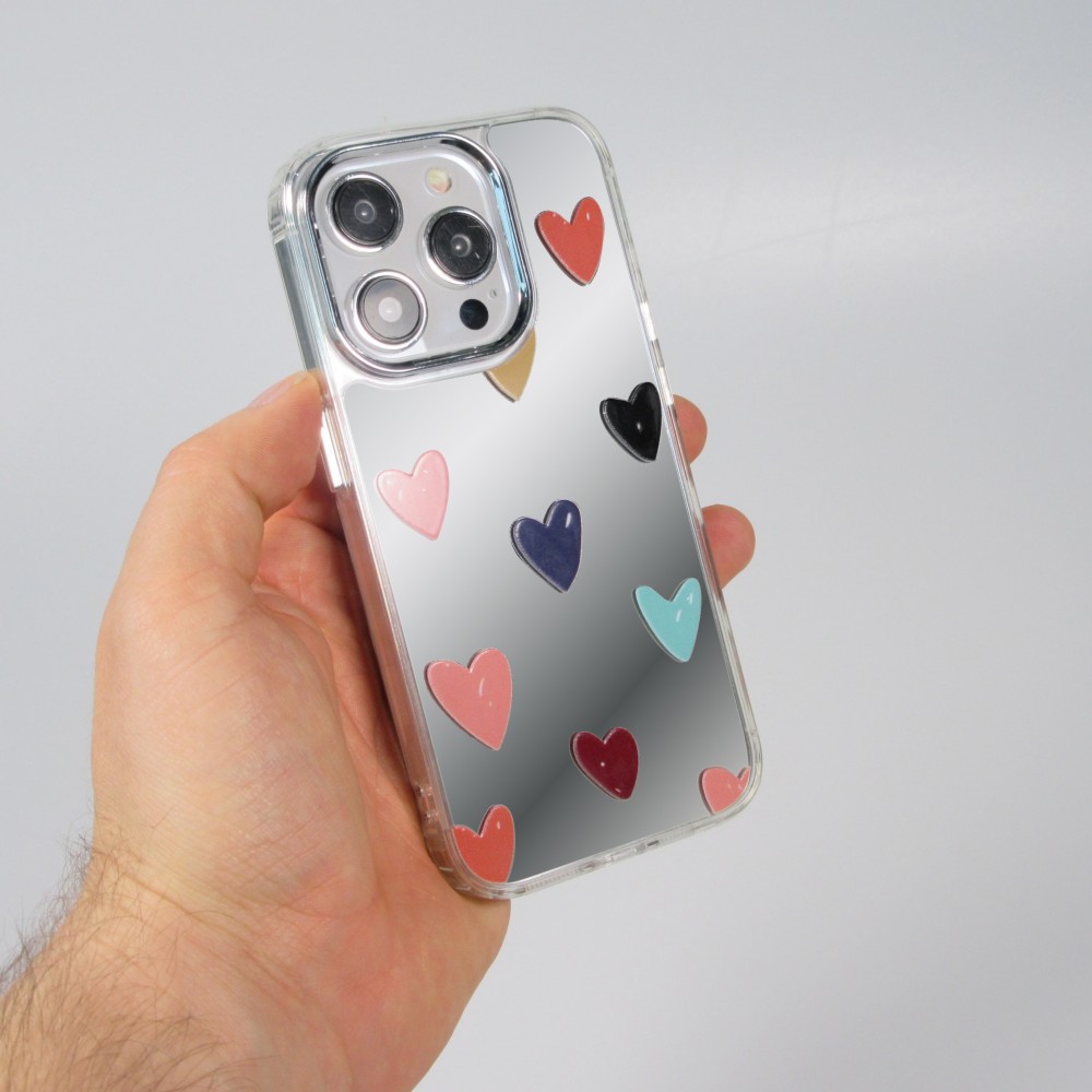 Coque iPhone 15 Pro - Silicone transparent Many Hearts avec effet miroir