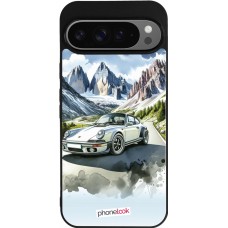 Coque Google Pixel 9 Pro XL - Silicone rigide noir Porsche 911 Mountain Watercolor