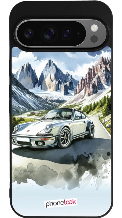 Coque Google Pixel 9 Pro XL - Silicone rigide noir Porsche 911 Mountain Watercolor