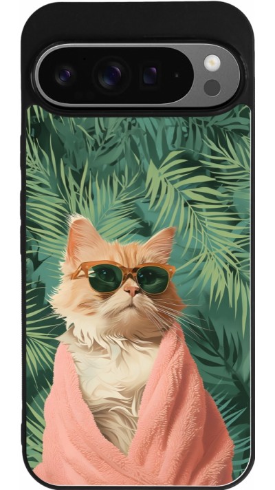 Coque Google Pixel 9 Pro XL - Silicone rigide noir Cat Summer Palms
