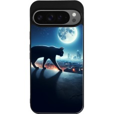 Coque Google Pixel 9 Pro XL - Silicone rigide noir Chat noir sous la pleine lune