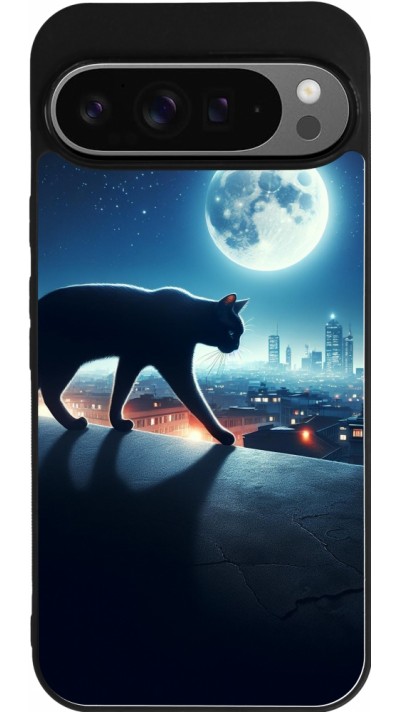Coque Google Pixel 9 Pro XL - Silicone rigide noir Chat noir sous la pleine lune