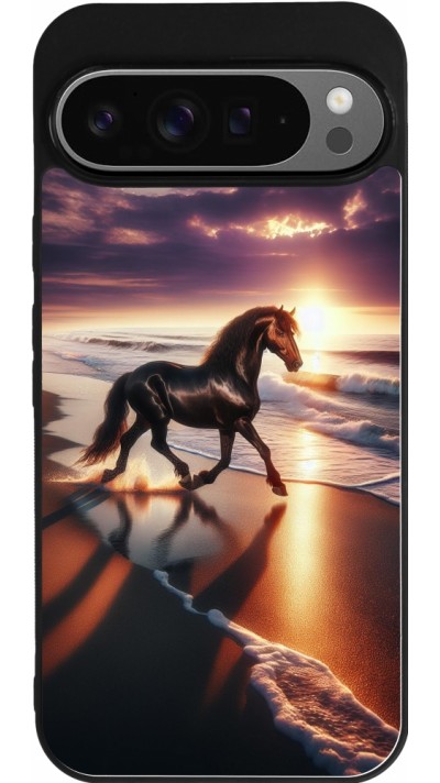 Coque Google Pixel 9 Pro XL - Silicone rigide noir Cheval majestueux plage