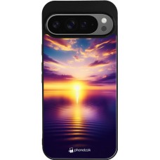 Coque Google Pixel 9 Pro XL - Silicone rigide noir Coucher soleil jaune violet