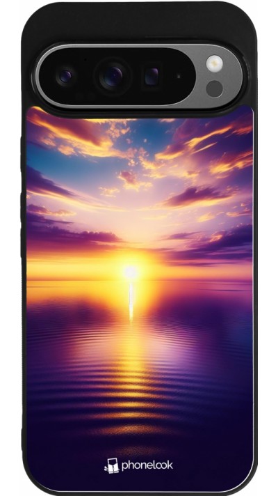 Coque Google Pixel 9 Pro XL - Silicone rigide noir Coucher soleil jaune violet
