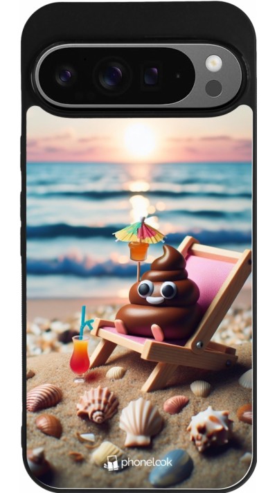 Google Pixel 9 Pro XL Case Hülle - Silikon schwarz Kackhaufen Emoji auf Liegestuhl