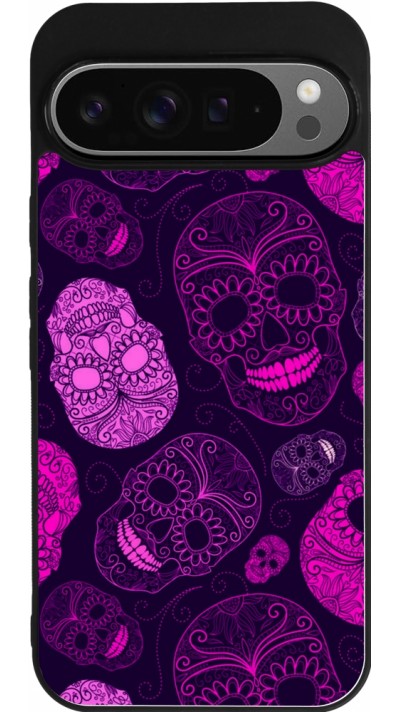 Coque Google Pixel 9 Pro XL - Silicone rigide noir Halloween 2023 pink skulls