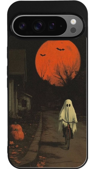 Coque Google Pixel 9 Pro XL - Silicone rigide noir Halloween 2025 Ghost on a bicycle