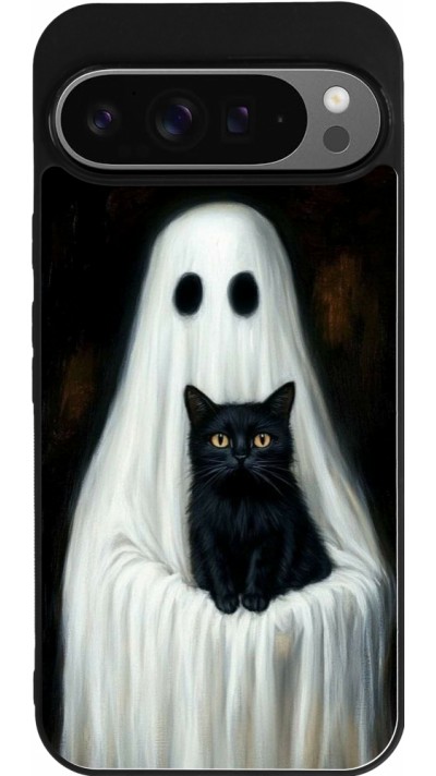 Coque Google Pixel 9 Pro XL - Silicone rigide noir Halloween 2025 Ghost with black cat