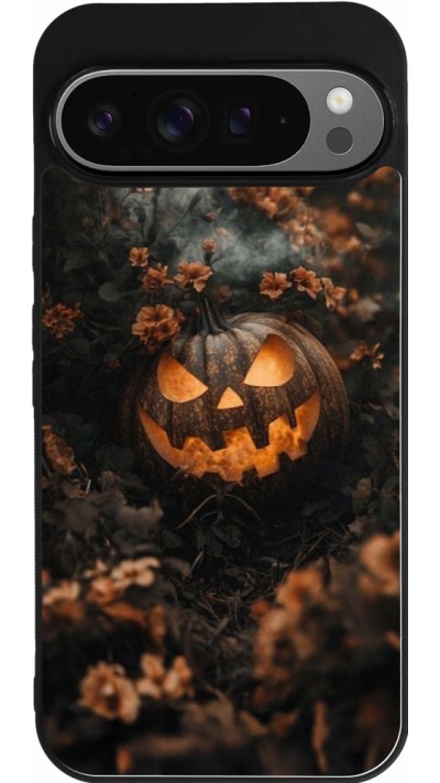 Coque Google Pixel 9 Pro XL - Silicone rigide noir Halloween 2025 Pumpkin with flowers