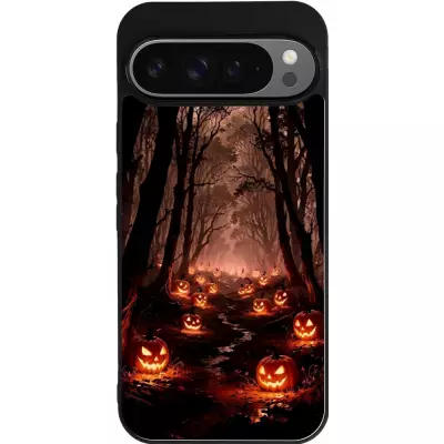 Coque Google Pixel 9 Pro XL - Silicone rigide noir Halloween 2025 Road of Terrifying Pumpkins