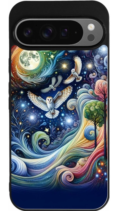 Coque Google Pixel 9 Pro XL - Silicone rigide noir hibou volant floral
