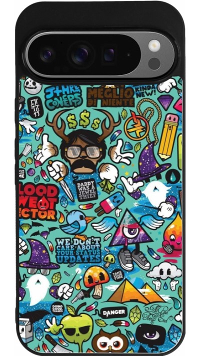 Coque Google Pixel 9 Pro XL - Silicone rigide noir Mixed Cartoons Turquoise