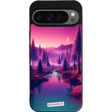 Coque Google Pixel 9 Pro XL - Silicone rigide noir Paysage Violet-Rose