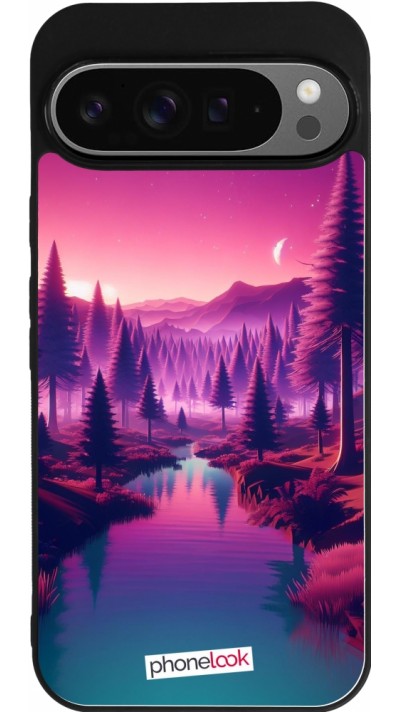 Coque Google Pixel 9 Pro XL - Silicone rigide noir Paysage Violet-Rose