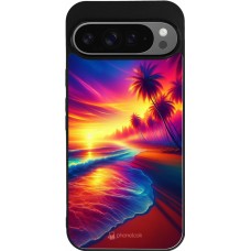 Coque Google Pixel 9 Pro XL - Silicone rigide noir Plage coucher soleil flashy