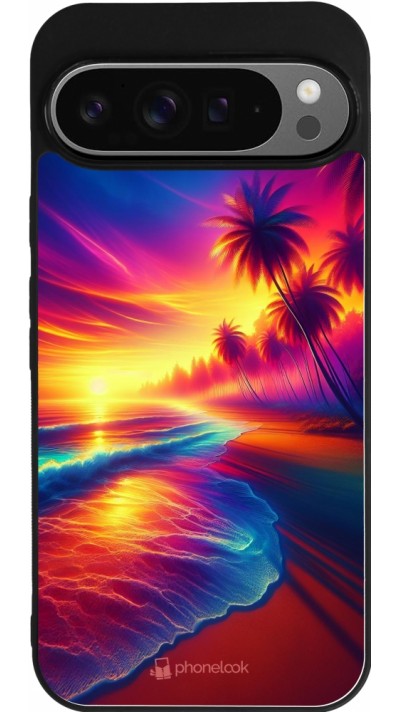Coque Google Pixel 9 Pro XL - Silicone rigide noir Plage coucher soleil flashy