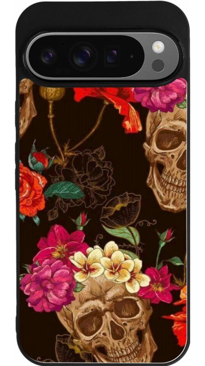 Coque Google Pixel 9 Pro XL - Silicone rigide noir Skulls and flowers