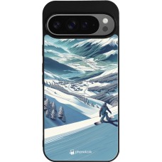 Coque Google Pixel 9 Pro XL - Silicone rigide noir Snowboarder Montagne