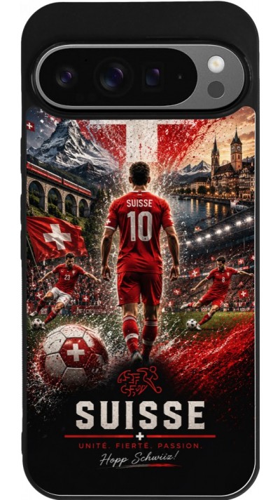Coque Google Pixel 9 Pro XL - Silicone rigide noir Football Suisse splash 2026