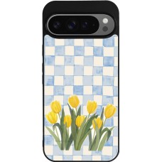 Coque Google Pixel 9 Pro XL - Silicone rigide noir Blue vichy tulips Spring 2026