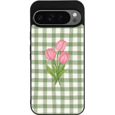 Coque Google Pixel 9 Pro XL - Silicone rigide noir Green vichy tulips Spring 2026