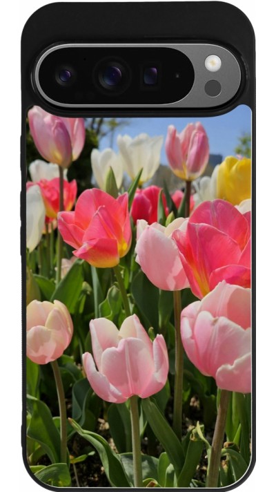 Coque Google Pixel 9 Pro XL - Silicone rigide noir Tulips Spring 2026