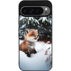 Coque Google Pixel 9 Pro XL - Silicone rigide noir Noël 2023 Renardeau sapin