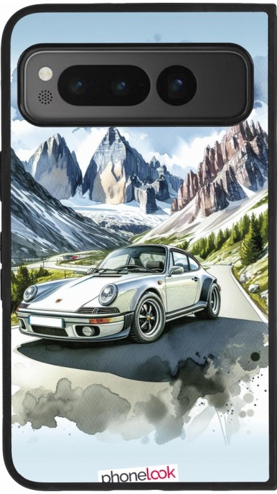 Coque Google Pixel Fold - Silicone rigide noir Porsche 911 Mountain Watercolor