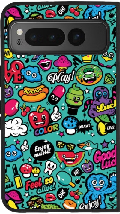 Google Pixel Fold Case Hülle - Silikon schwarz Cartoons old school