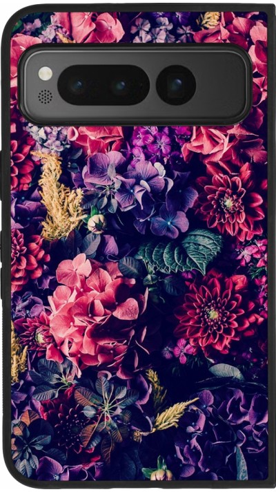 Google Pixel Fold Case Hülle - Silikon schwarz Flowers Dark