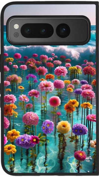 Google Pixel Fold Case Hülle - Silikon schwarz Blumenmeer Wellen
