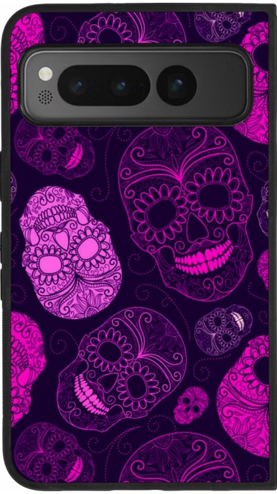 Google Pixel Fold Case Hülle - Silikon schwarz Halloween 2023 pink skulls