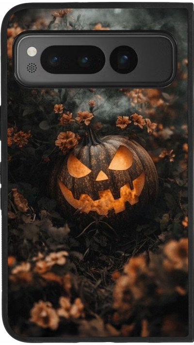 Google Pixel Fold Case Hülle - Silikon schwarz Halloween 2025 Pumpkin with flowers